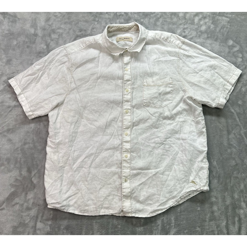 Tommy Bahama Shirt Men XL White 100% Linen Short Sleeve Button Up Pocket Leisure